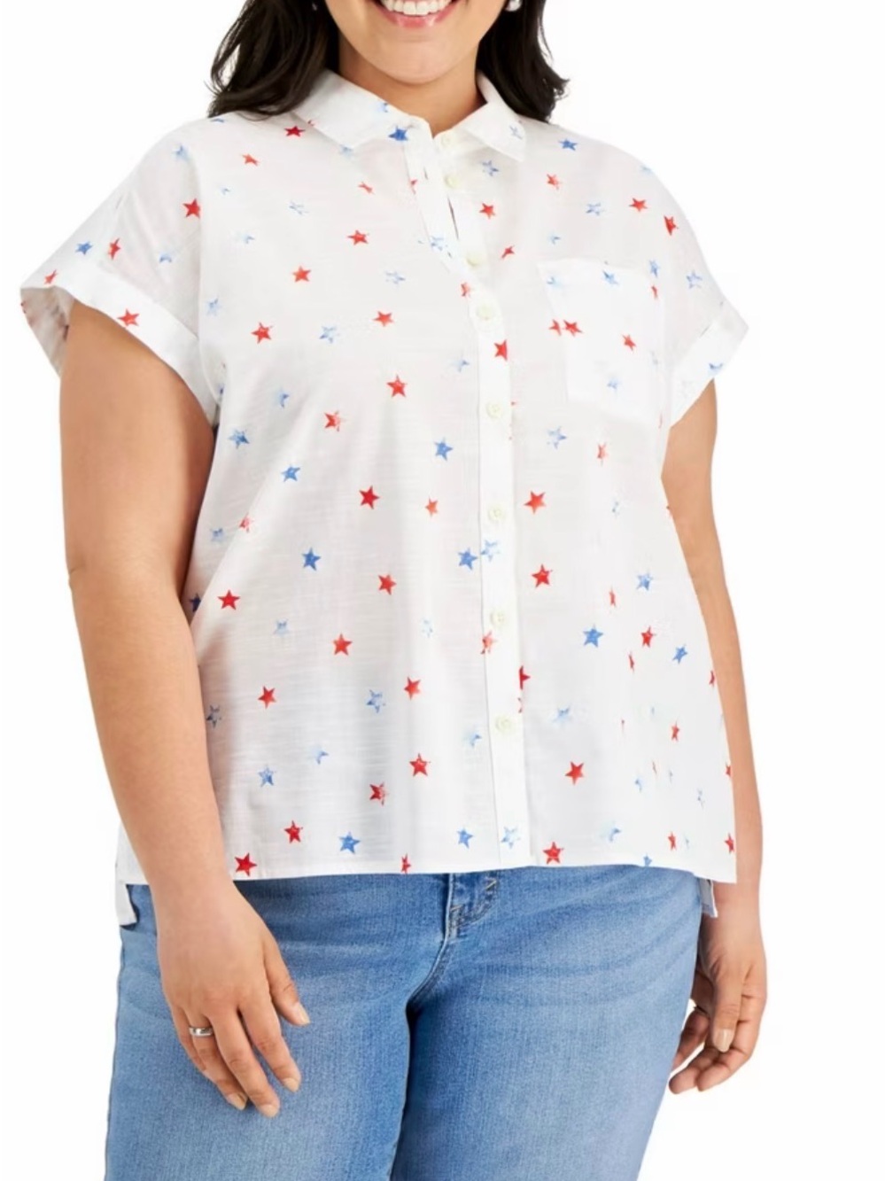 Classic Style & Co. White Button-Down Shirt w/ Red & Blue Stars Patriotic Blouse